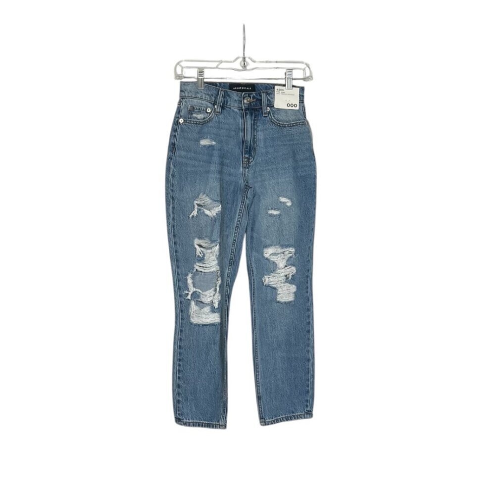 NWT Aeropostale Mom Jeans Wide Leg Size 000 Ripped PREMIUM AIR DENIM Flare